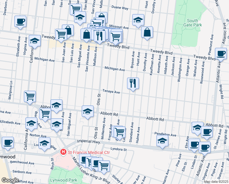map of restaurants, bars, coffee shops, grocery stores, and more near Tenaya Avenue & Bowman Avenue in South Gate