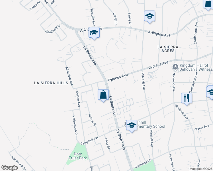 map of restaurants, bars, coffee shops, grocery stores, and more near 5925 La Sierra Avenue in Riverside
