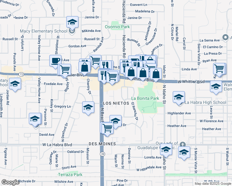 map of restaurants, bars, coffee shops, grocery stores, and more near 650 Ridgeway Lane in La Habra
