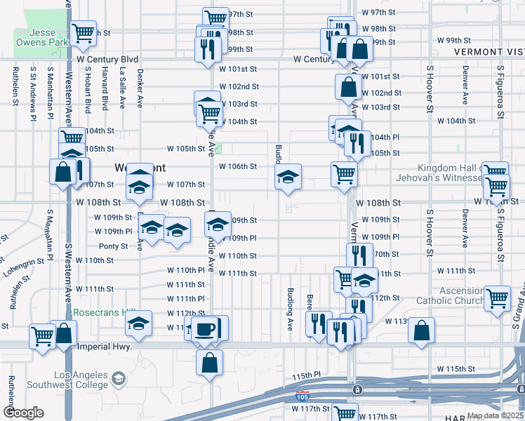 map of restaurants, bars, coffee shops, grocery stores, and more near 1237 West 109th Street in Los Angeles