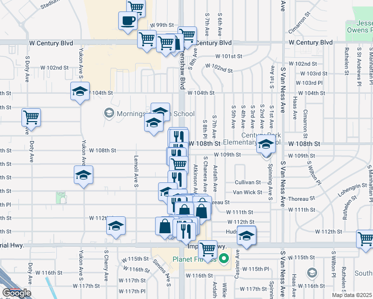 map of restaurants, bars, coffee shops, grocery stores, and more near 10900 Crenshaw Boulevard in Inglewood