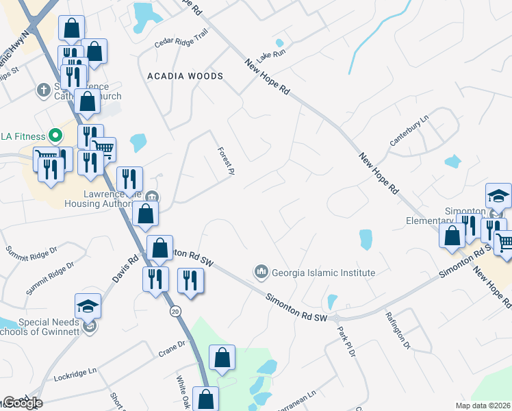 map of restaurants, bars, coffee shops, grocery stores, and more near 660 Brand South Trail in Lawrenceville