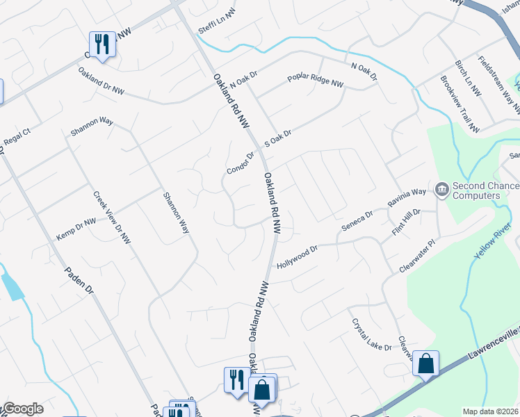 map of restaurants, bars, coffee shops, grocery stores, and more near 2118 Blue Martin Court in Lawrenceville