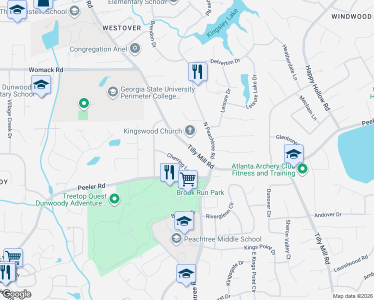map of restaurants, bars, coffee shops, grocery stores, and more near 4996 Tilly Mill Road in Dunwoody