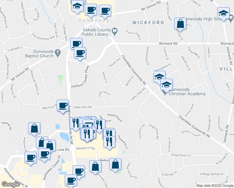 map of restaurants, bars, coffee shops, grocery stores, and more near 4886 Valley View Court in Dunwoody