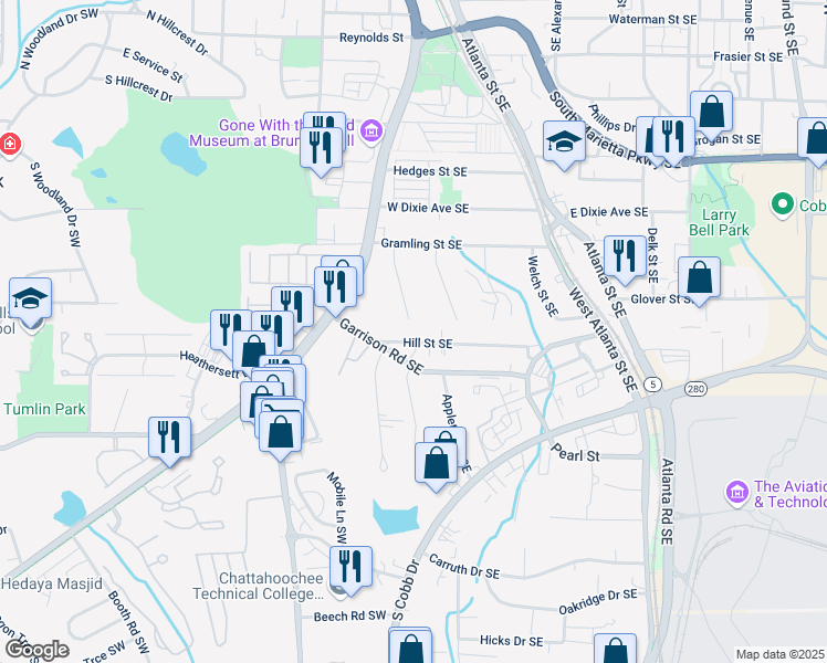 map of restaurants, bars, coffee shops, grocery stores, and more near 81 Hill Street Southeast in Marietta