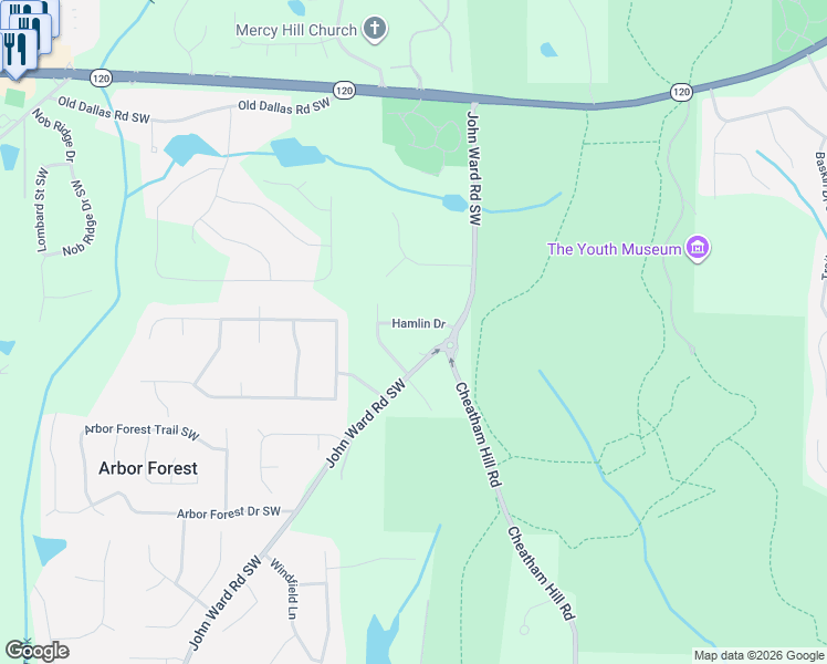 map of restaurants, bars, coffee shops, grocery stores, and more near 670 John Ward Road Southwest in Marietta