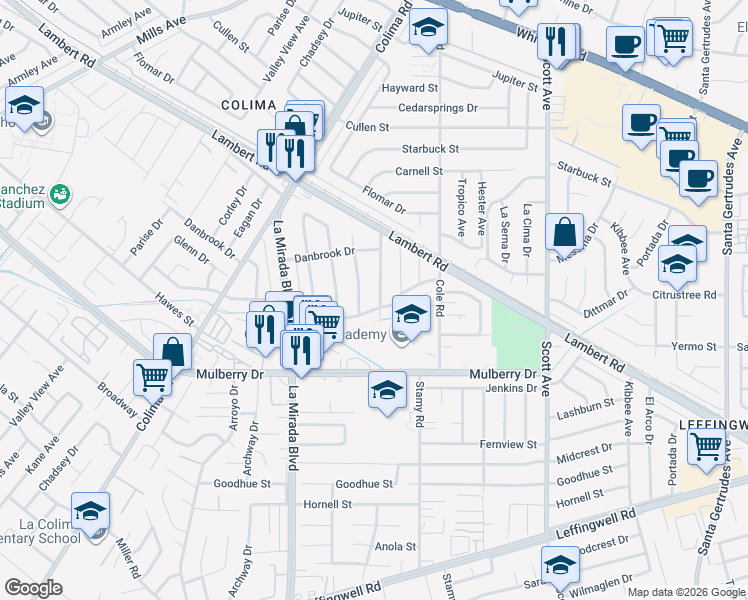 map of restaurants, bars, coffee shops, grocery stores, and more near 10563 Bluefield Avenue in Whittier