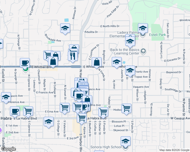 map of restaurants, bars, coffee shops, grocery stores, and more near 620 North Dexter Street in La Habra