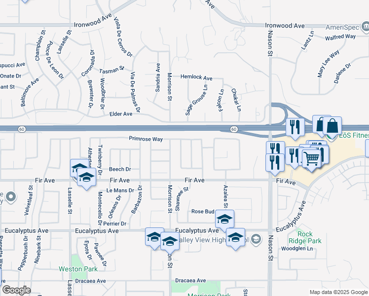 map of restaurants, bars, coffee shops, grocery stores, and more near 12612 Magnolia Drive in Moreno Valley