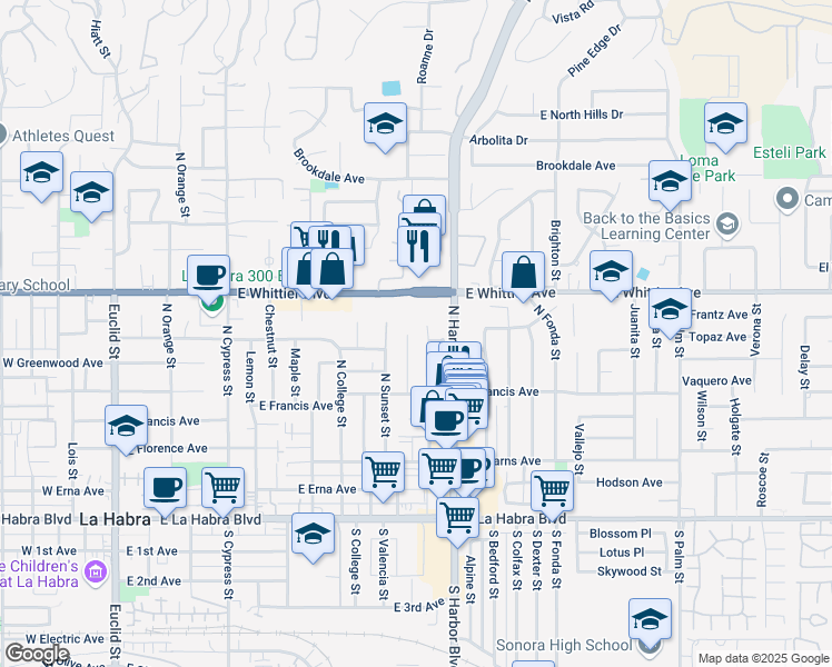 map of restaurants, bars, coffee shops, grocery stores, and more near 640 Ward Street in La Habra