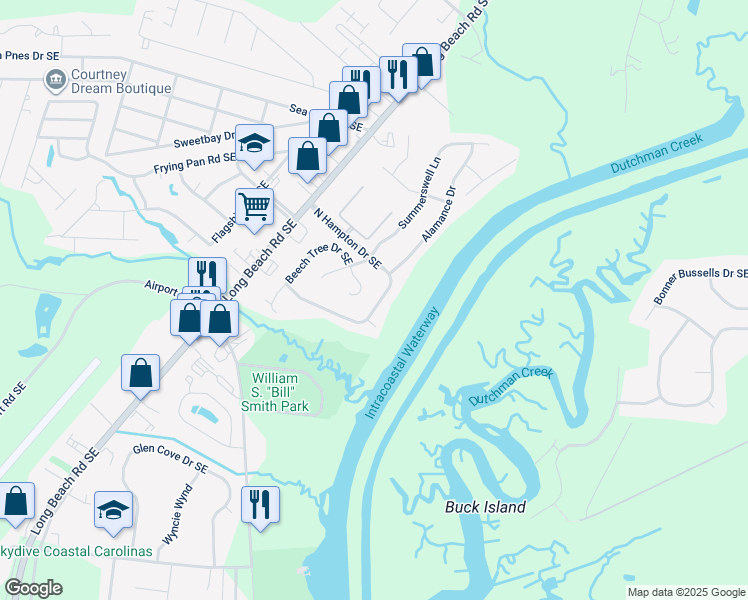 map of restaurants, bars, coffee shops, grocery stores, and more near 4947 North Hampton Drive Southeast in Southport