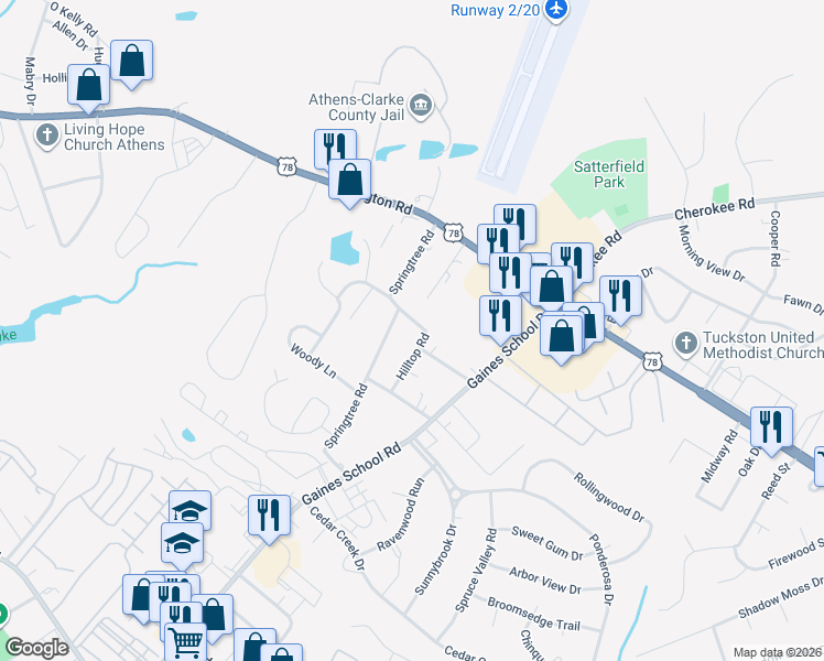 map of restaurants, bars, coffee shops, grocery stores, and more near 201 Hilltop Road in Athens