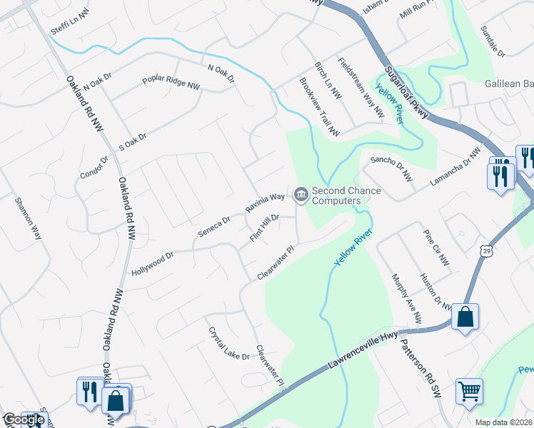 map of restaurants, bars, coffee shops, grocery stores, and more near 1944 Flint Hill Drive in Lawrenceville