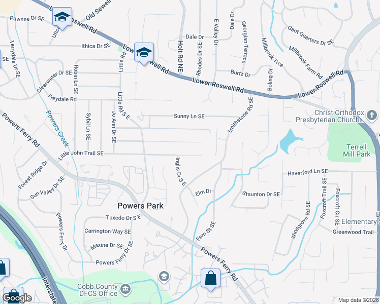 map of restaurants, bars, coffee shops, grocery stores, and more near 2603 Little John Trail Southeast in Marietta