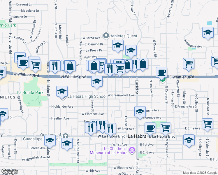 map of restaurants, bars, coffee shops, grocery stores, and more near 624 North Walnut Street in La Habra