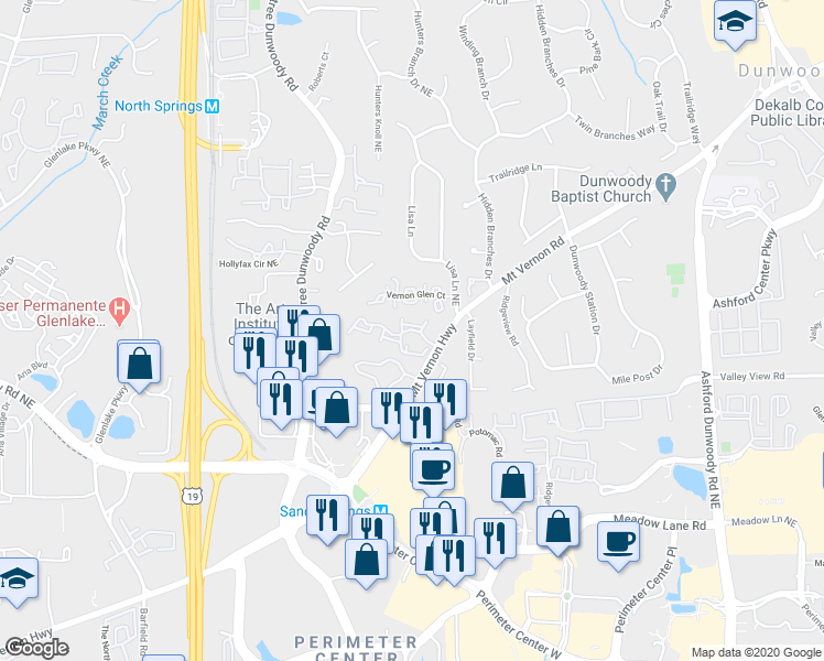 map of restaurants, bars, coffee shops, grocery stores, and more near Preston Woods Trail in Sandy Springs