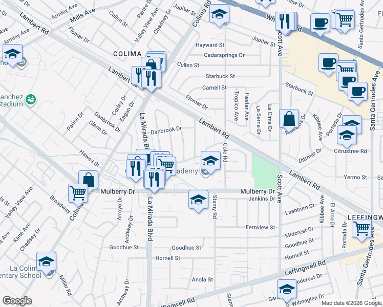 map of restaurants, bars, coffee shops, grocery stores, and more near 10563 Bluefield Avenue in Whittier