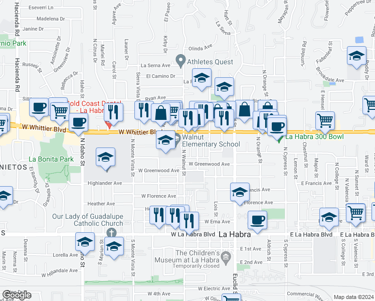 map of restaurants, bars, coffee shops, grocery stores, and more near 624 North Walnut Street in La Habra