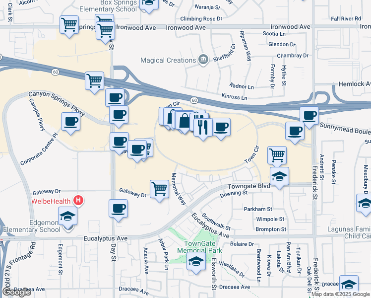 map of restaurants, bars, coffee shops, grocery stores, and more near 22450 Town Circle in Moreno Valley