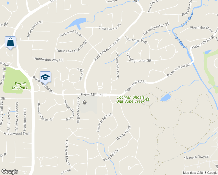 map of restaurants, bars, coffee shops, grocery stores, and more near 454 Langley Oaks Drive Southeast in Marietta