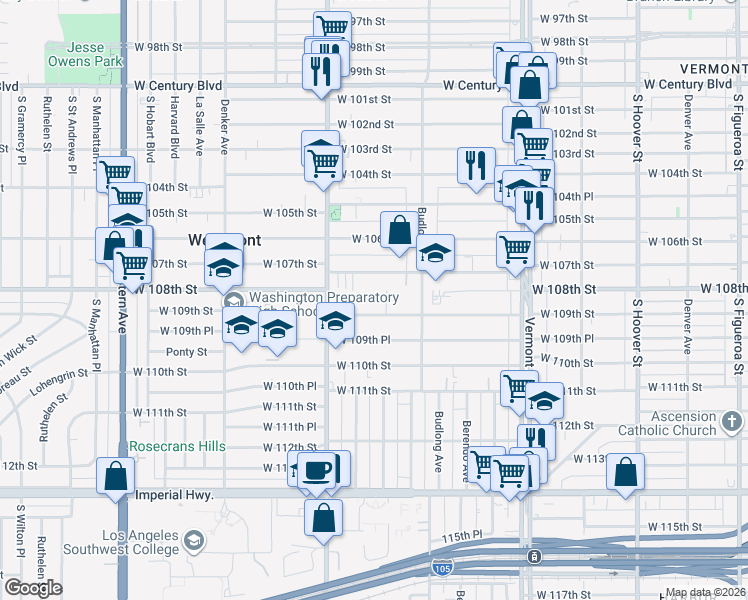 map of restaurants, bars, coffee shops, grocery stores, and more near 1303 West 109th Street in Los Angeles