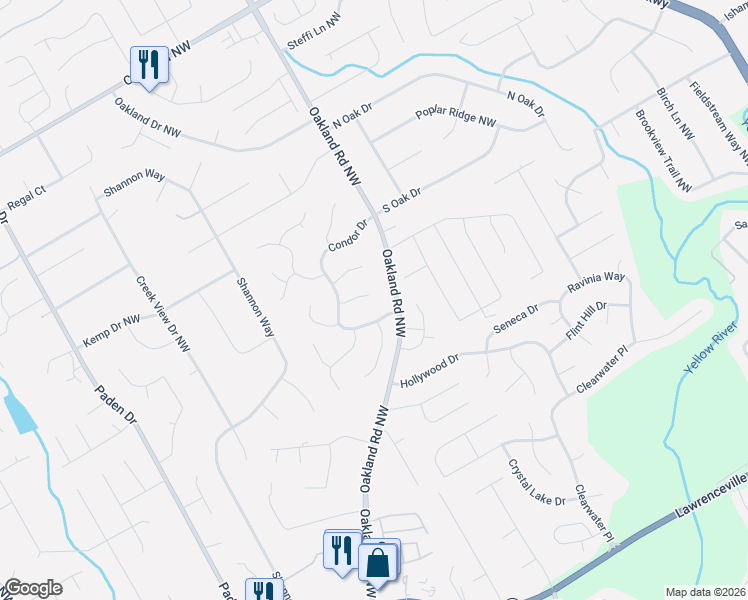 map of restaurants, bars, coffee shops, grocery stores, and more near 2138 Blue Martin Court in Lawrenceville