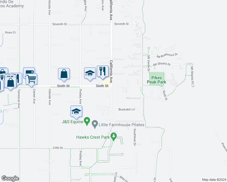 map of restaurants, bars, coffee shops, grocery stores, and more near 3841 California Avenue in Norco
