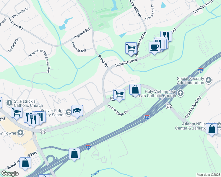 map of restaurants, bars, coffee shops, grocery stores, and more near 4762 Valley Ridge Drive in Duluth