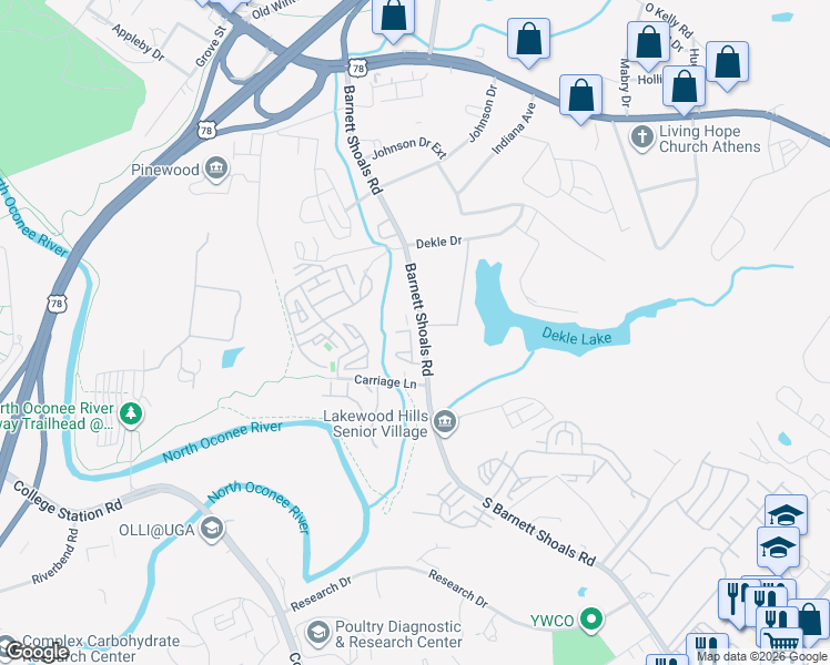 map of restaurants, bars, coffee shops, grocery stores, and more near 660 South Barnett Shoals Road in Athens