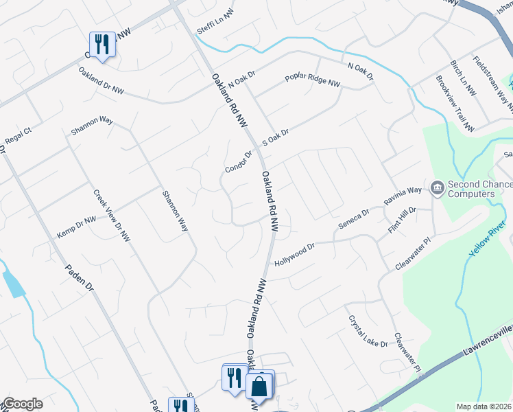 map of restaurants, bars, coffee shops, grocery stores, and more near 2118 Blue Martin Court in Lawrenceville