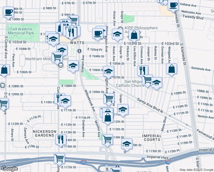 map of restaurants, bars, coffee shops, grocery stores, and more near S Wilmington Ave & E 108th St in Los Angeles