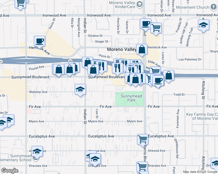 map of restaurants, bars, coffee shops, grocery stores, and more near 24701 Starcrest Drive in Moreno Valley