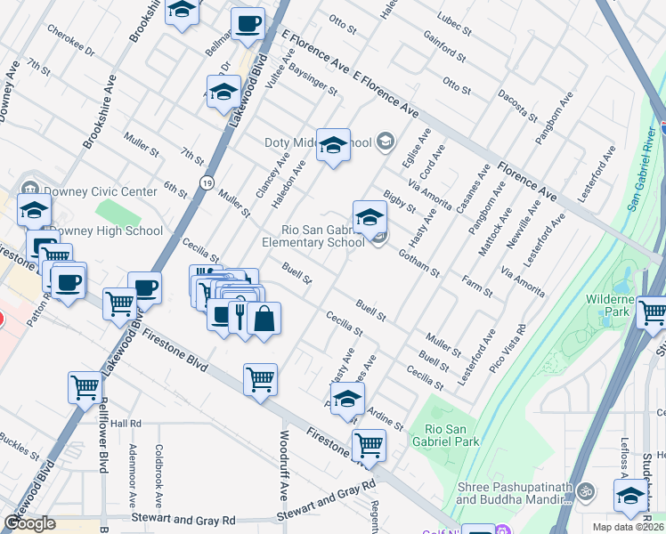 map of restaurants, bars, coffee shops, grocery stores, and more near 9287 Muller Street in Downey