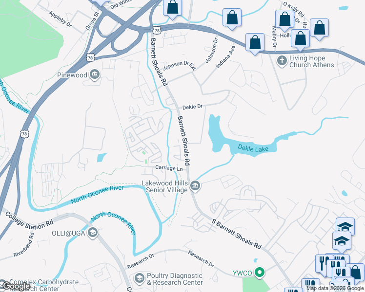 map of restaurants, bars, coffee shops, grocery stores, and more near 660 South Barnett Shoals Road in Athens