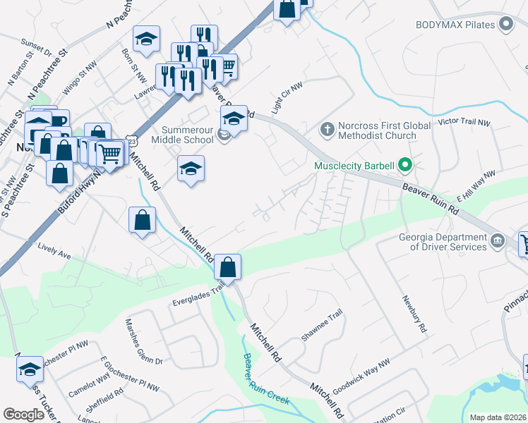 map of restaurants, bars, coffee shops, grocery stores, and more near 5529 Everglades Trail in Norcross