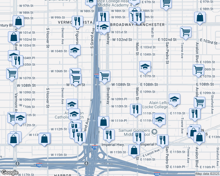 map of restaurants, bars, coffee shops, grocery stores, and more near 10812 South Broadway in Los Angeles
