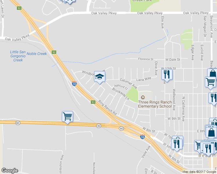 map of restaurants, bars, coffee shops, grocery stores, and more near 707 Brookside Lane in Beaumont