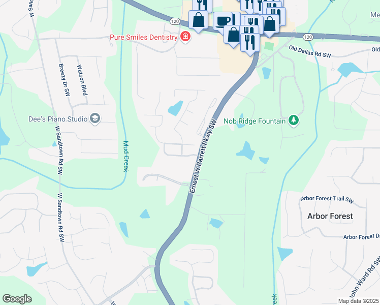 map of restaurants, bars, coffee shops, grocery stores, and more near 2559 Alexander Farms Drive Southwest in Marietta