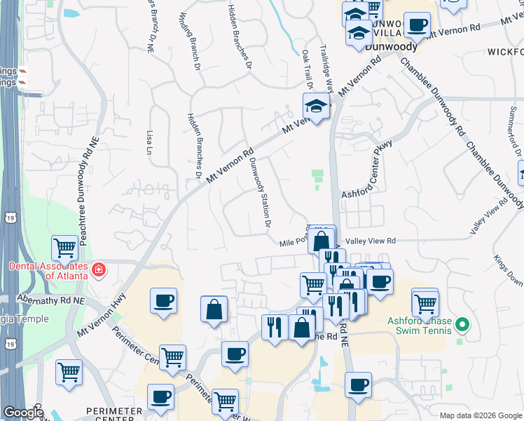 map of restaurants, bars, coffee shops, grocery stores, and more near 4776 Dunwoody Station Dr in Dunwoody