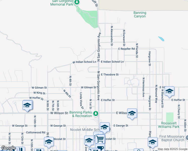 map of restaurants, bars, coffee shops, grocery stores, and more near 1341 North San Gorgonio Avenue in Banning