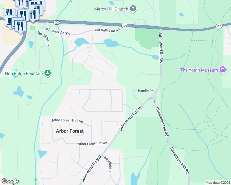 map of restaurants, bars, coffee shops, grocery stores, and more near 1989 Winding Creek Lane Southwest in Marietta