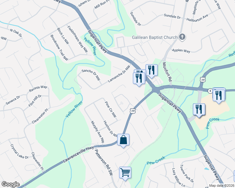 map of restaurants, bars, coffee shops, grocery stores, and more near 4380 Annlette Drive Northwest in Lawrenceville