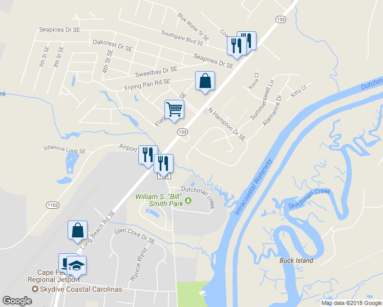 map of restaurants, bars, coffee shops, grocery stores, and more near 4822 Beech Tree Drive Southeast in Southport