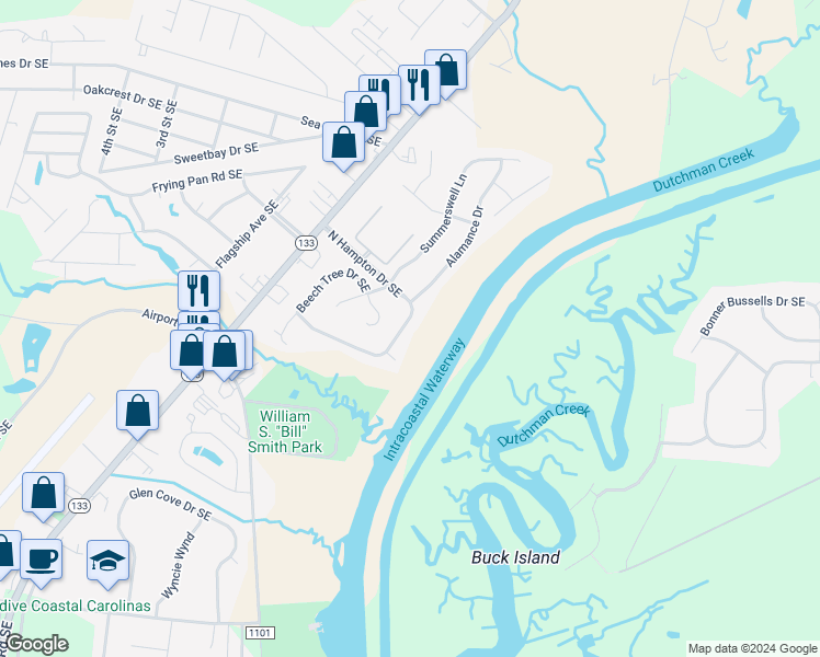 map of restaurants, bars, coffee shops, grocery stores, and more near 4938 North Hampton Drive Southeast in Southport
