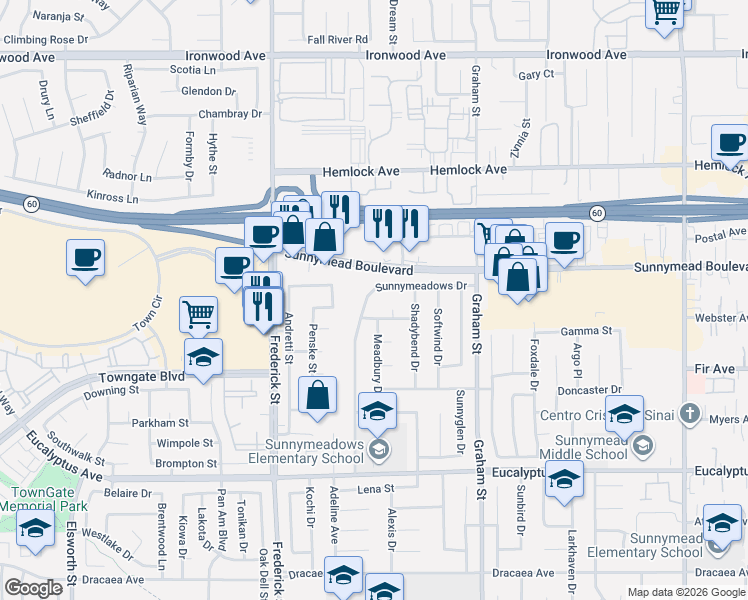 map of restaurants, bars, coffee shops, grocery stores, and more near 12760 Sunnymeadows Drive in Moreno Valley