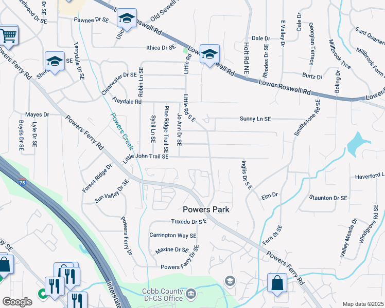 map of restaurants, bars, coffee shops, grocery stores, and more near 2419 Little John Trail Southeast in Marietta