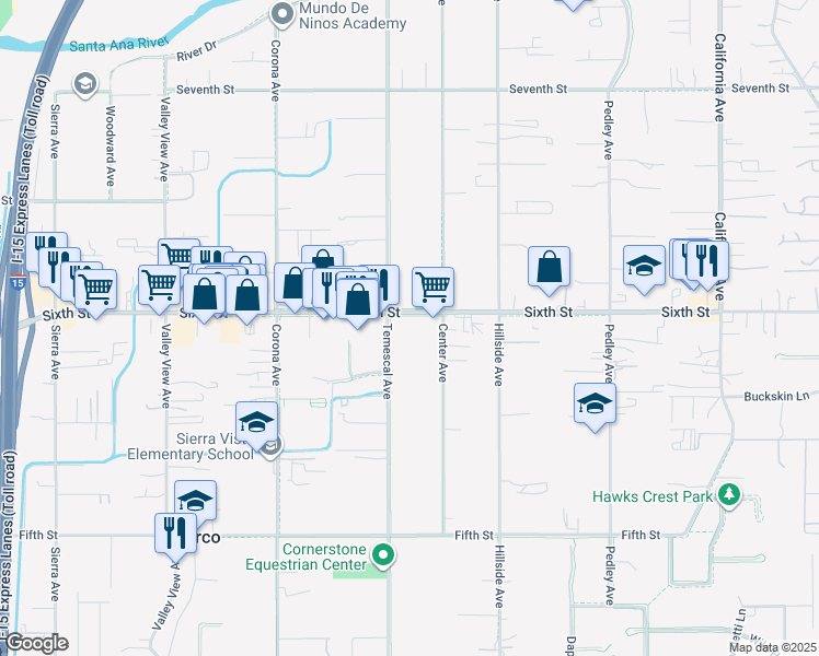 map of restaurants, bars, coffee shops, grocery stores, and more near 866 Sixth Street in Norco