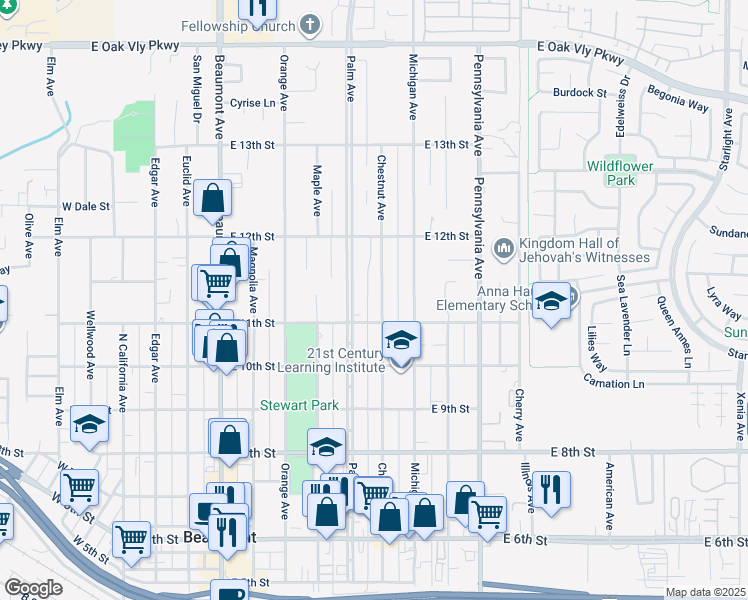 map of restaurants, bars, coffee shops, grocery stores, and more near 1125 Chestnut Avenue in Beaumont