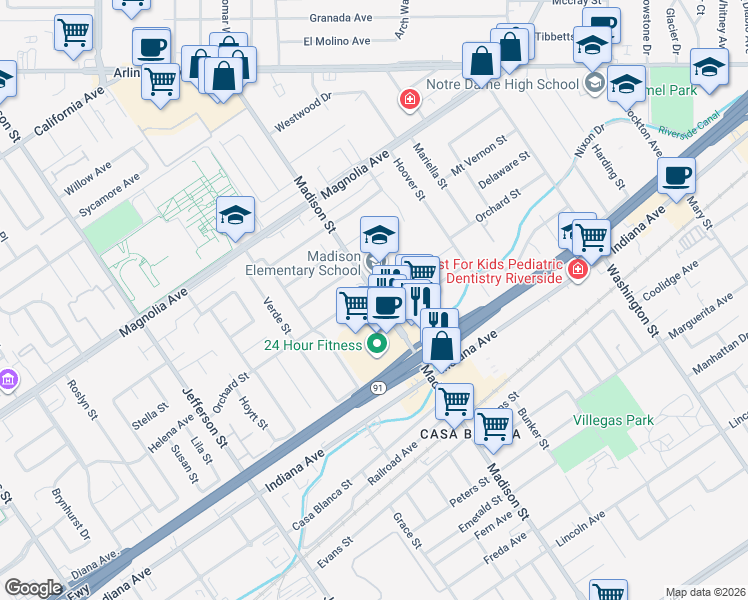 map of restaurants, bars, coffee shops, grocery stores, and more near 7500 Orchard Street in Riverside